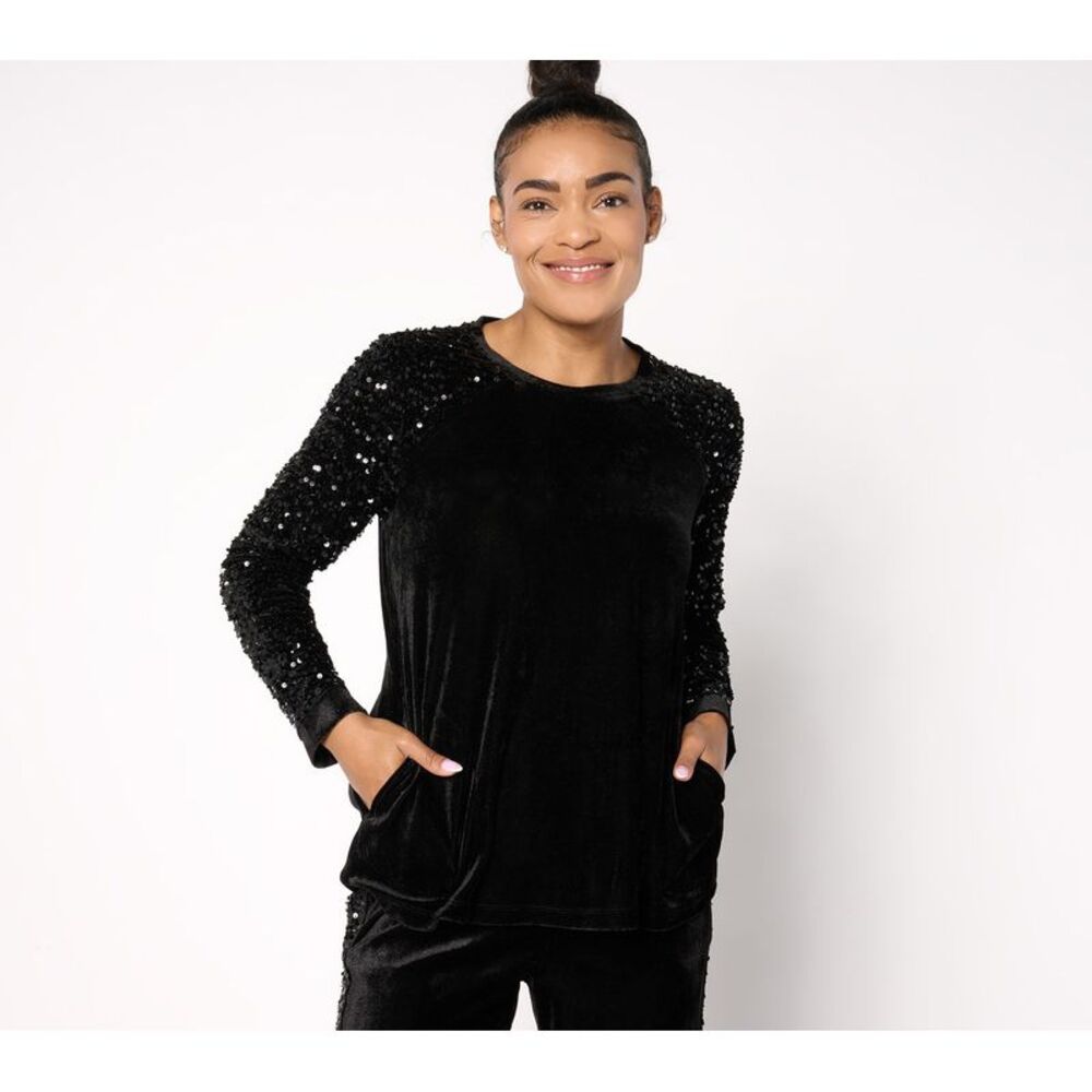 Farmers Defense Women's Top Sz L Long Sleeve Velvet & Sequin Black A667539